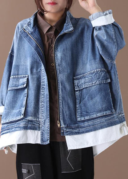 Stand Collar Zippered Fine Crane Coats Denim Blue Art Coats