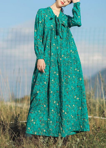 V Neck Long Sleeve Linen Clothes for Runway Green Print Dresses Summer