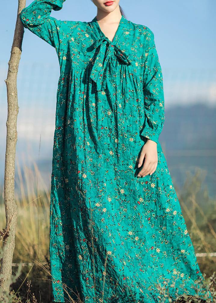 V Neck Long Sleeve Linen Clothes for Runway Green Print Dresses Summer
