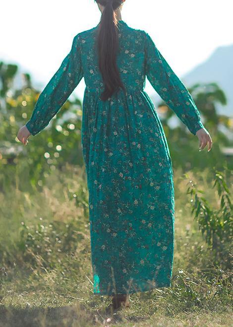 V Neck Long Sleeve Linen Clothes for Runway Green Print Dresses Summer