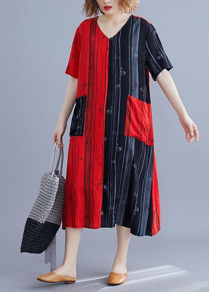V Neck Patchwork Tunic Dress Runway Red Maxi Dresses Summer