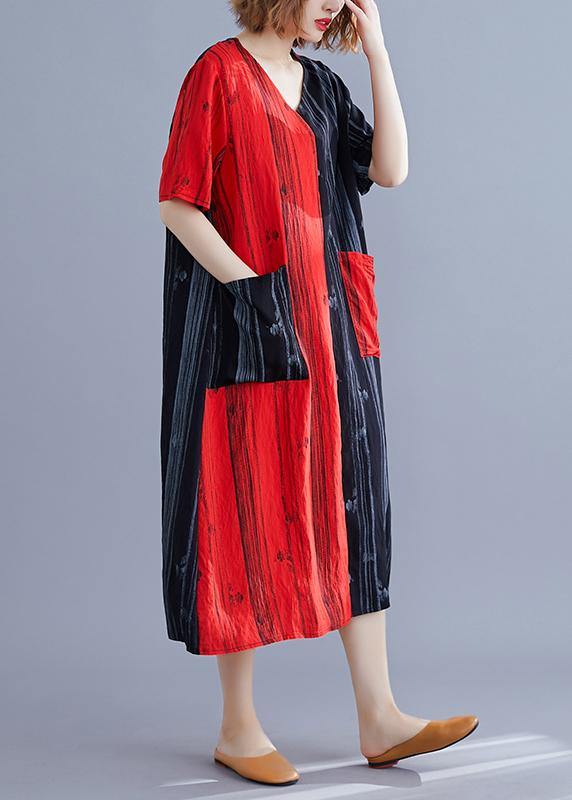 V Neck Patchwork Tunic Dress Runway Red Maxi Dresses Summer