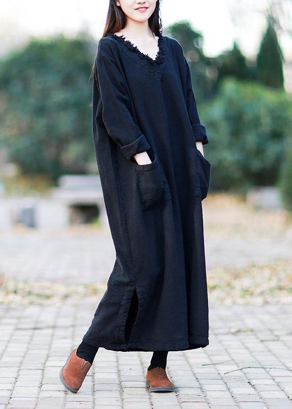 V Neck Pockets Fall Clothes for Outfits Black Kaftan Dress