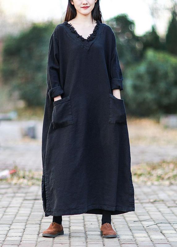 V Neck Pockets Fall Clothes for Outfits Black Kaftan Dress