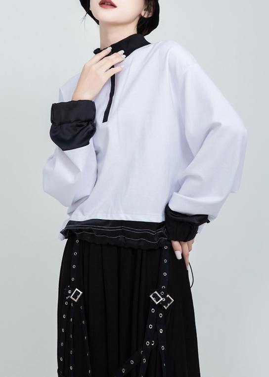White Cotton Tunic Top Zippered Baggy Patchwork Top