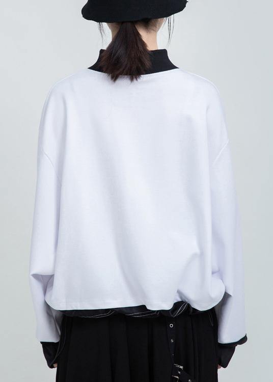 White Cotton Tunic Top Zippered Baggy Patchwork Top