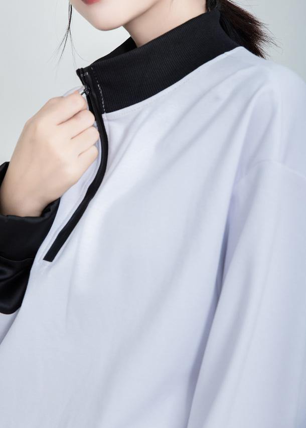 White Cotton Tunic Top Zippered Baggy Patchwork Top