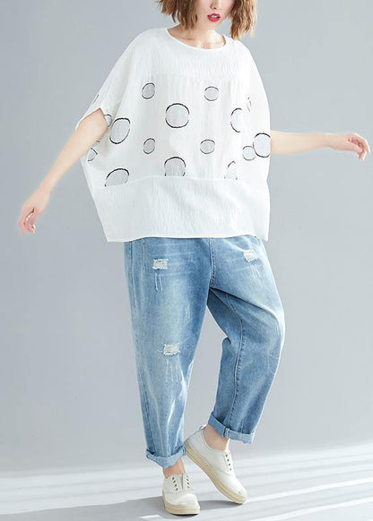 White Dotted Cotton Linen Tops Design O Neck Batwing Sleeve Short Summer Tops