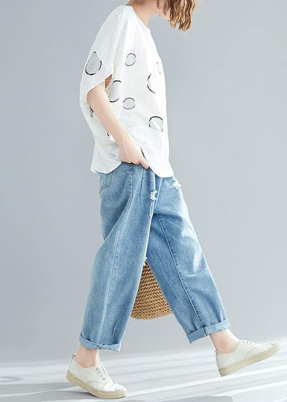White Dotted Cotton Linen Tops Design O Neck Batwing Sleeve Short Summer Tops