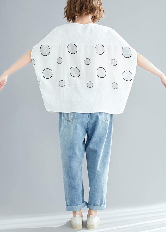 White Dotted Cotton Linen Tops Design O Neck Batwing Sleeve Short Summer Tops