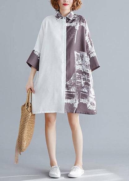 White Patchwork Cotton Tunics Lapel Collar a Line Summer Shirt Dress