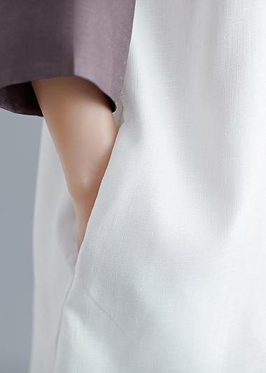 White Patchwork Cotton Tunics Lapel Collar a Line Summer Shirt Dress
