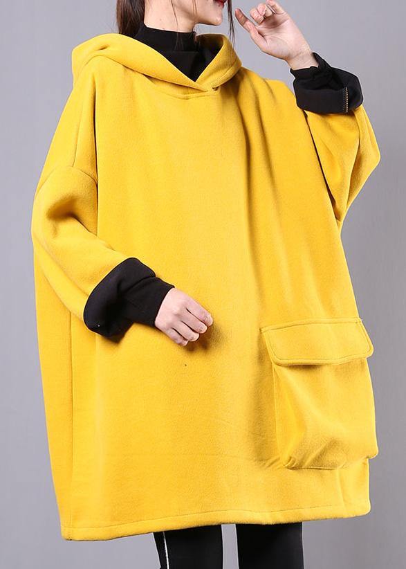 Yellow Cotton Linen Tops Hooded Thick Daily Blouse
