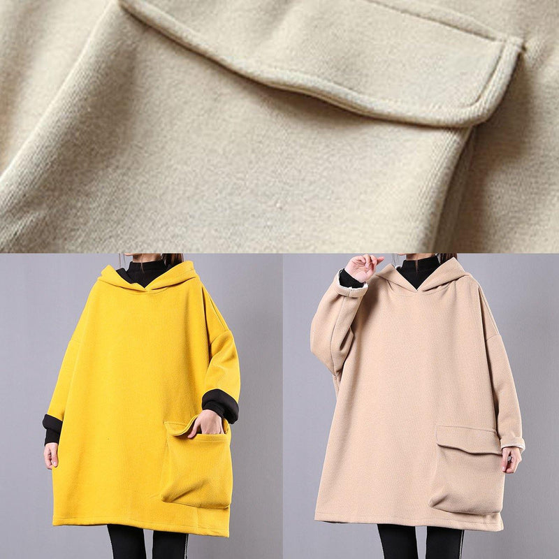Yellow Cotton Linen Tops Hooded Thick Daily Blouse