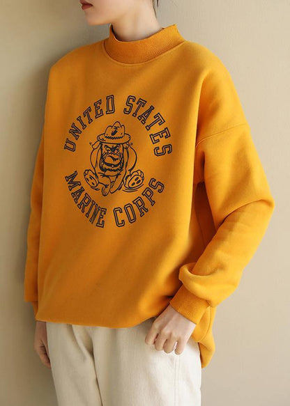 Beautiful yellow cotton tunics for women half high neck oversized prints Sweatshirt
