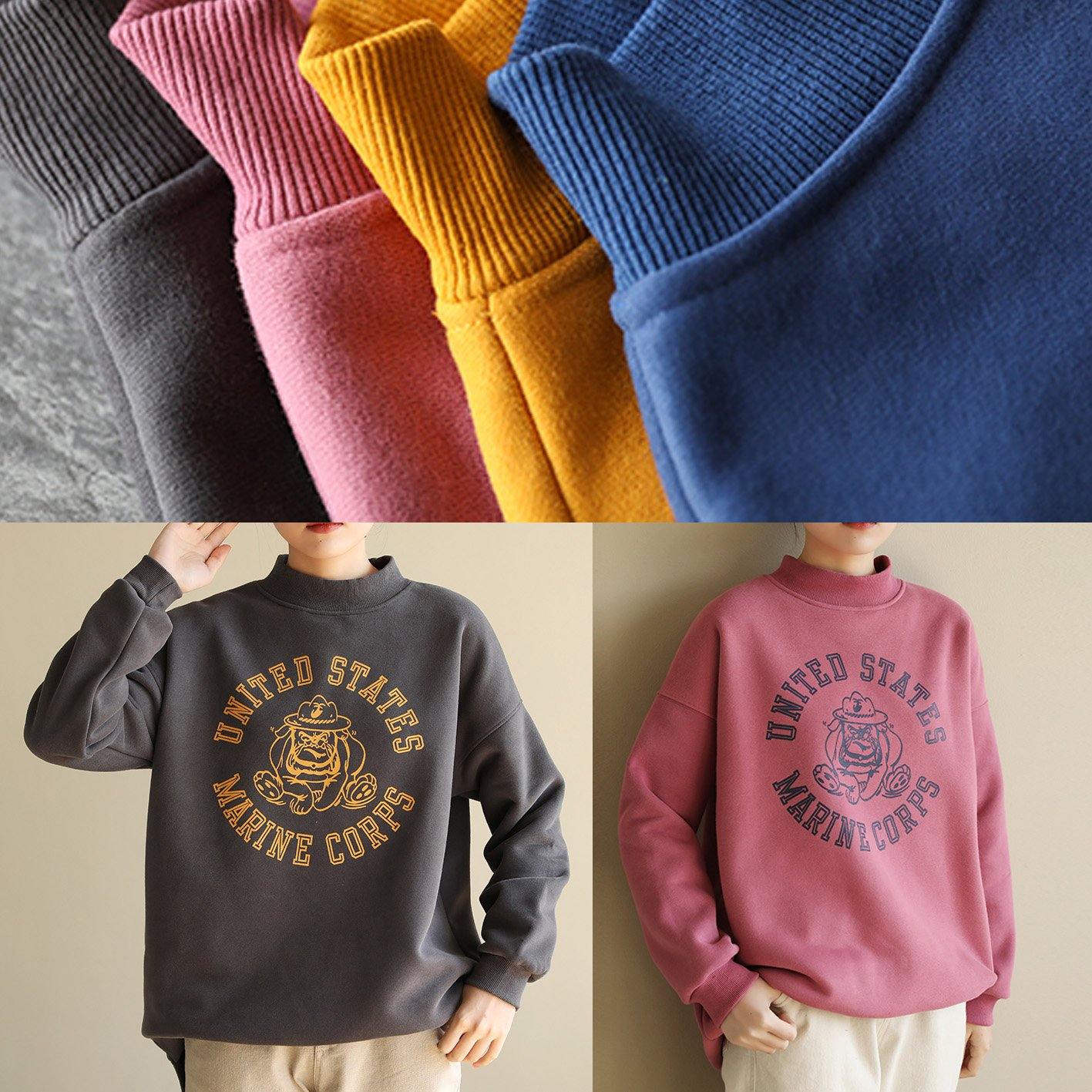 Beautiful yellow cotton tunics for women half high neck oversized prints Sweatshirt