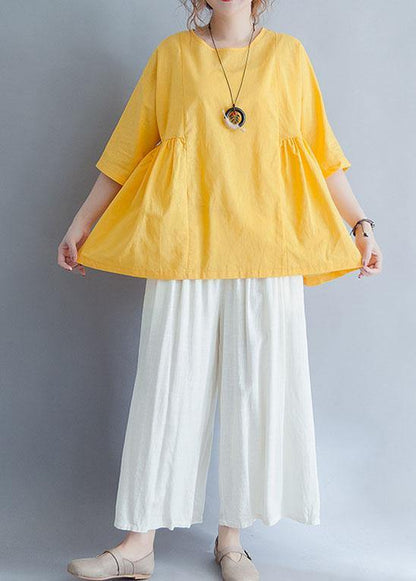 Yellow O Neck Linen Cotton Clothes for Shirts Half Sleeve Summer Blouses