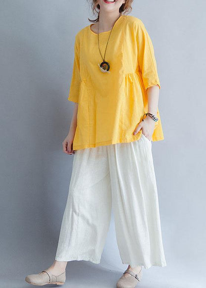 Yellow O Neck Linen Cotton Clothes for Shirts Half Sleeve Summer Blouses