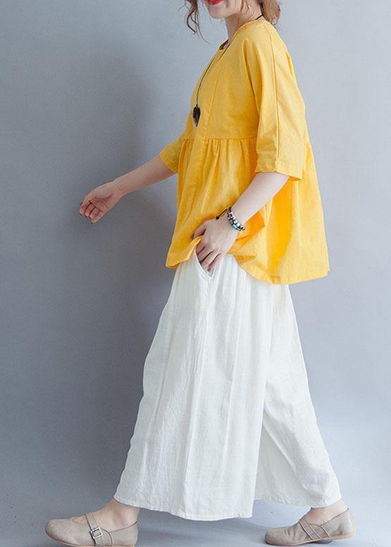 Yellow O Neck Linen Cotton Clothes for Shirts Half Sleeve Summer Blouses