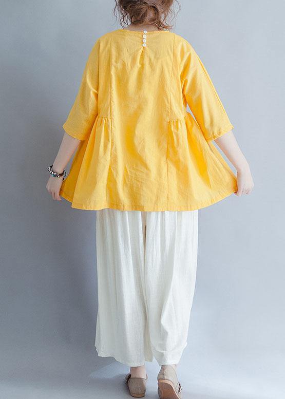 Yellow O Neck Linen Cotton Clothes for Shirts Half Sleeve Summer Blouses