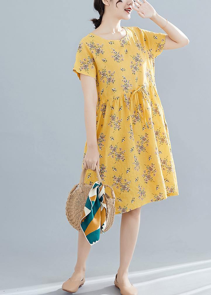 Yellow Print Cotton Tunics O Neck Drawstring Summer Dresses