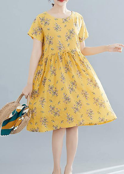 Yellow Print Cotton Tunics O Neck Drawstring Summer Dresses