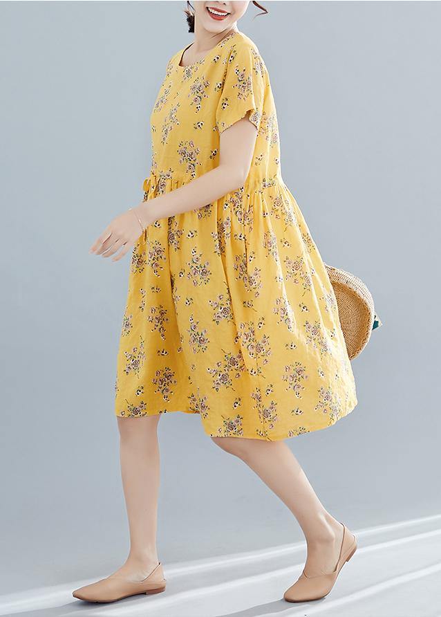 Yellow Print Cotton Tunics O Neck Drawstring Summer Dresses