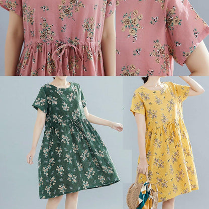 Yellow Print Cotton Tunics O Neck Drawstring Summer Dresses