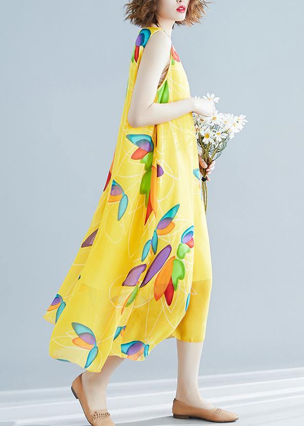 Yellow Print Chiffon Robes Korea Tutorials O Neck False Two Pieces Long Summer Dress