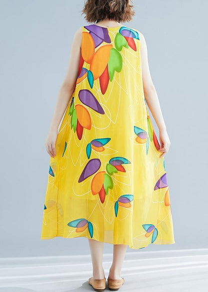 Yellow Print Chiffon Robes Korea Tutorials O Neck False Two Pieces Long Summer Dress