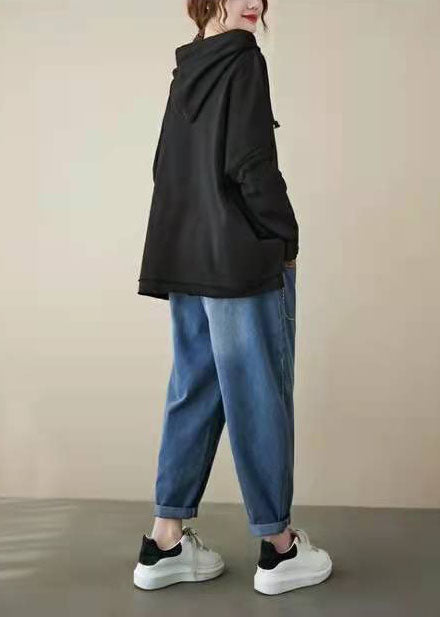 Navy Hooded Drawstring Embroideried Fall Side Open Sweatshirts Top