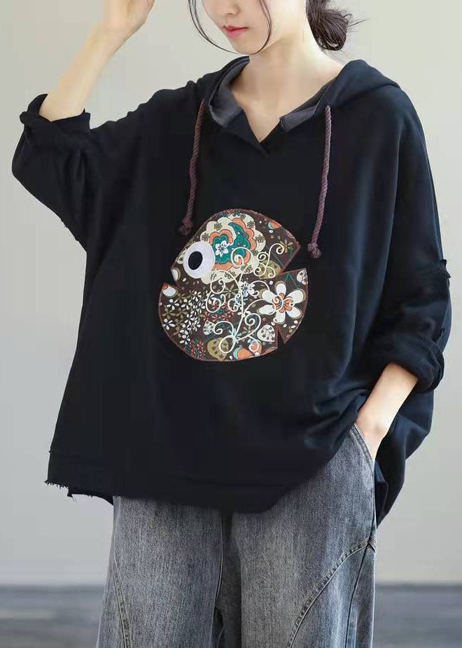 Navy Hooded Drawstring Embroideried Fall Side Open Sweatshirts Top