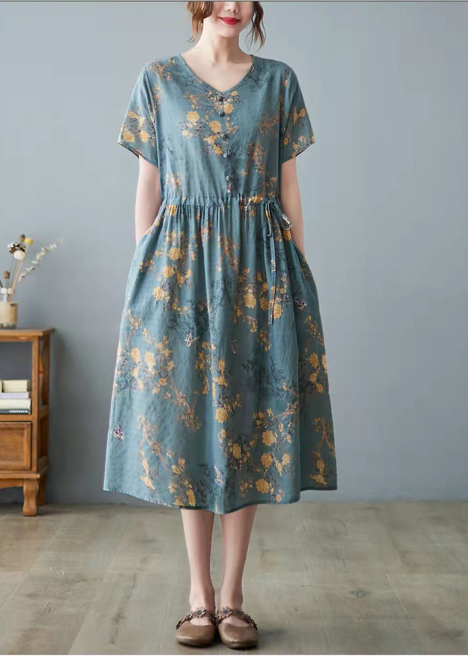 White Bamboo Pockets Print O Neck Dress