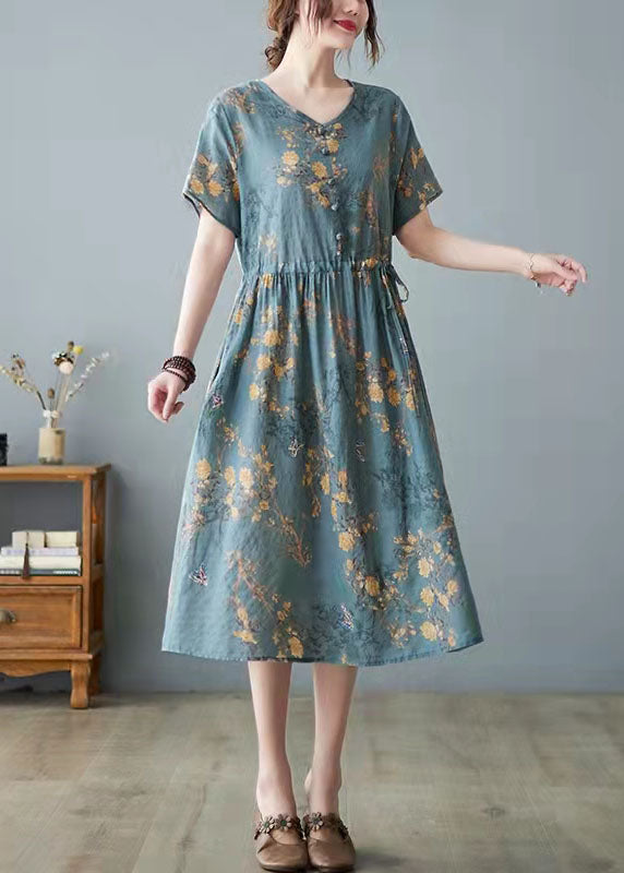 Orange Pockets Print O Neck Dress
