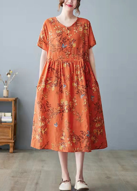 Gray Geometry Print Bamboo Pockets Print O Neck Dress