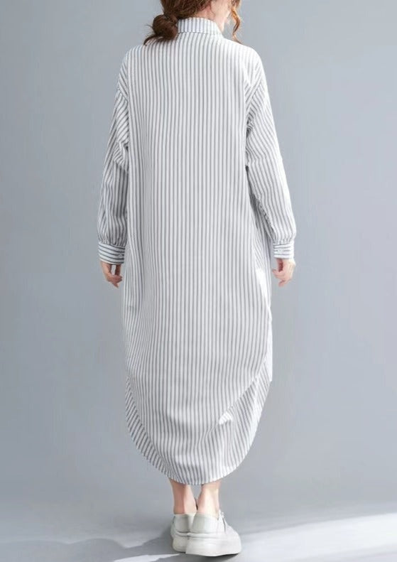 Nude White Striped Linen Clothes for Korea Sewing Side Open Dresses Lapel Collar Dresses