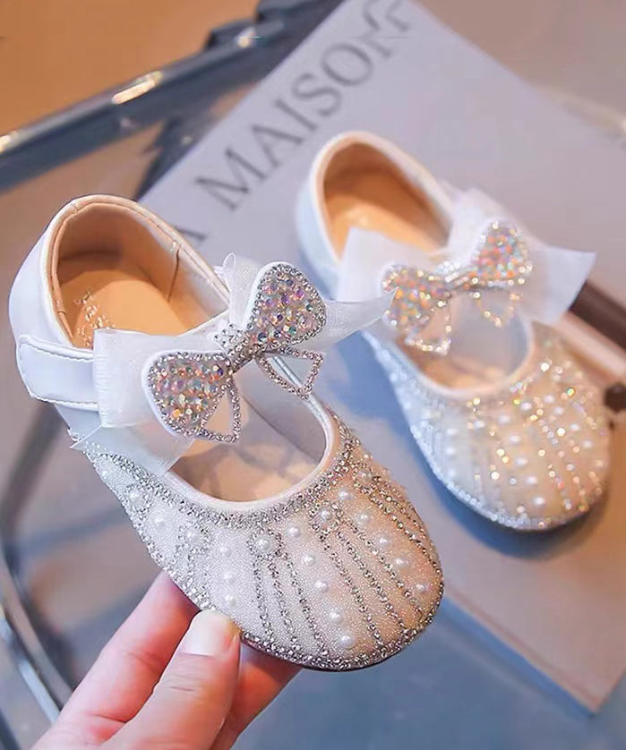 Beige Baby Princess Shoes Bow Zircon Nail Bead