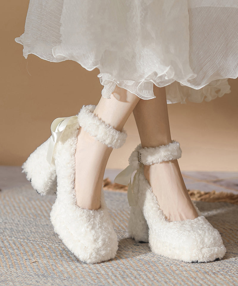 Beige Bow Faux Fur Boutique Splicing Chunky High Heels