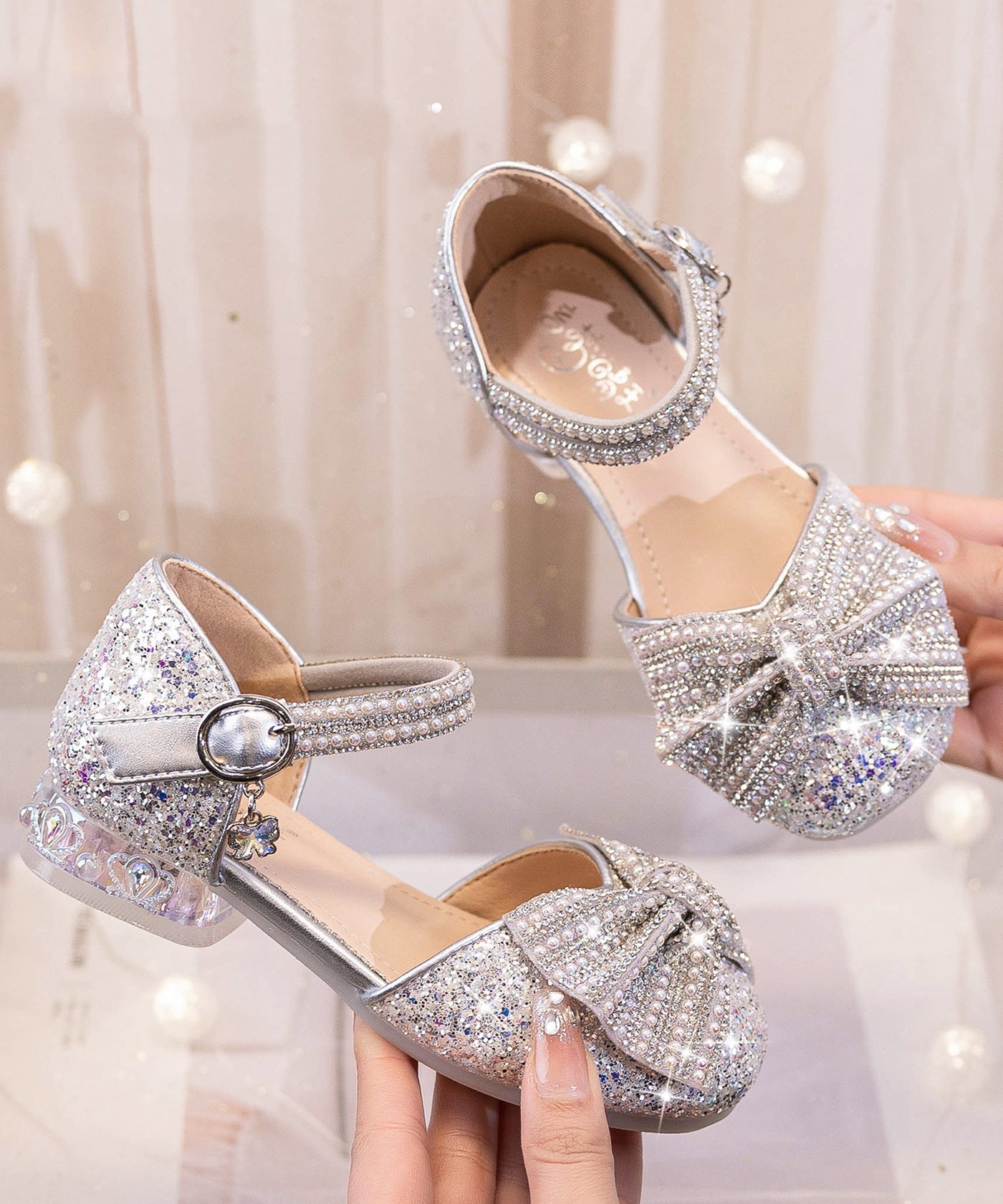 Beige Bow Zircon Buckle Strap Kids Princess Shoes