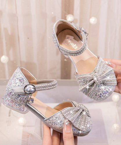Beige Bow Zircon Buckle Strap Kids Princess Shoes