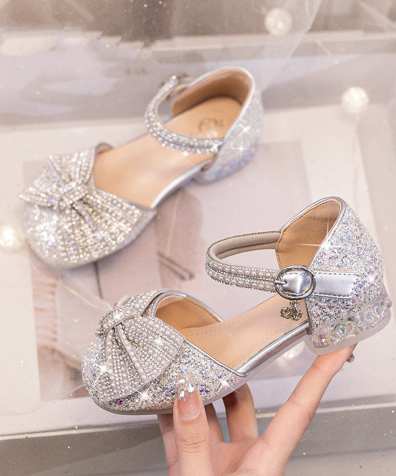 Beige Bow Zircon Buckle Strap Kids Princess Shoes