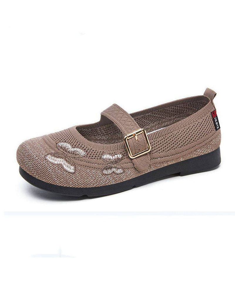 Beige Buckle Strap Splicing Embroidered Flat Feet Shoes