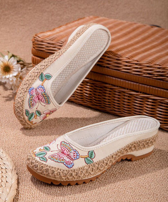 Beige Butterfly Embroideried Splicing Linen Fabric Slide Sandals