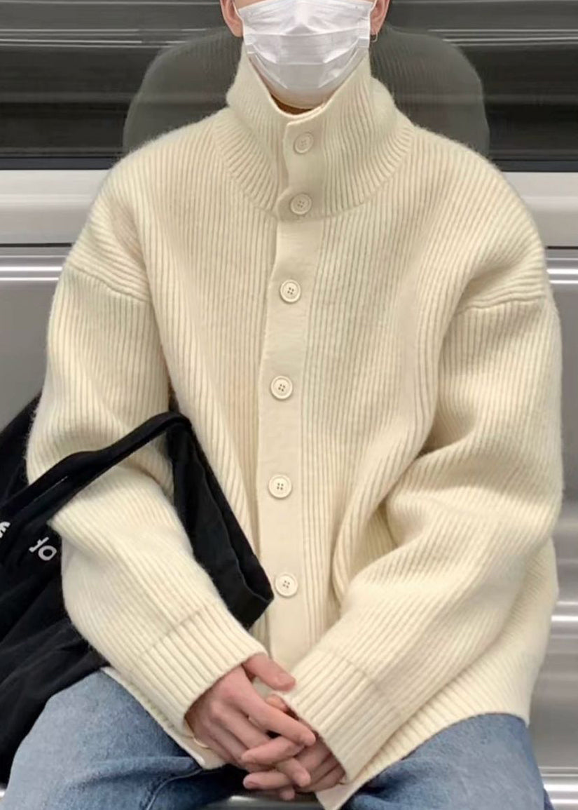 Beige Button Cozy Knit Coats Clothing Turtleneck