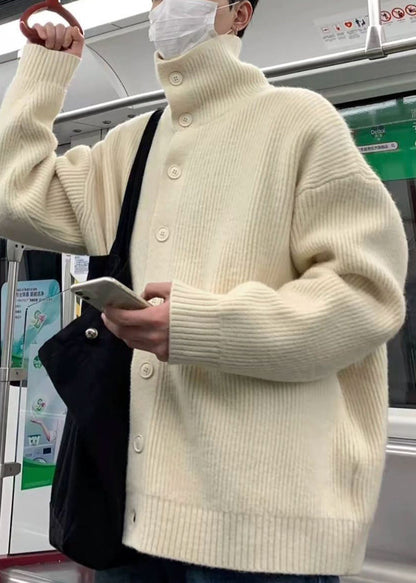 Beige Button Cozy Knit Coats Clothing Turtleneck