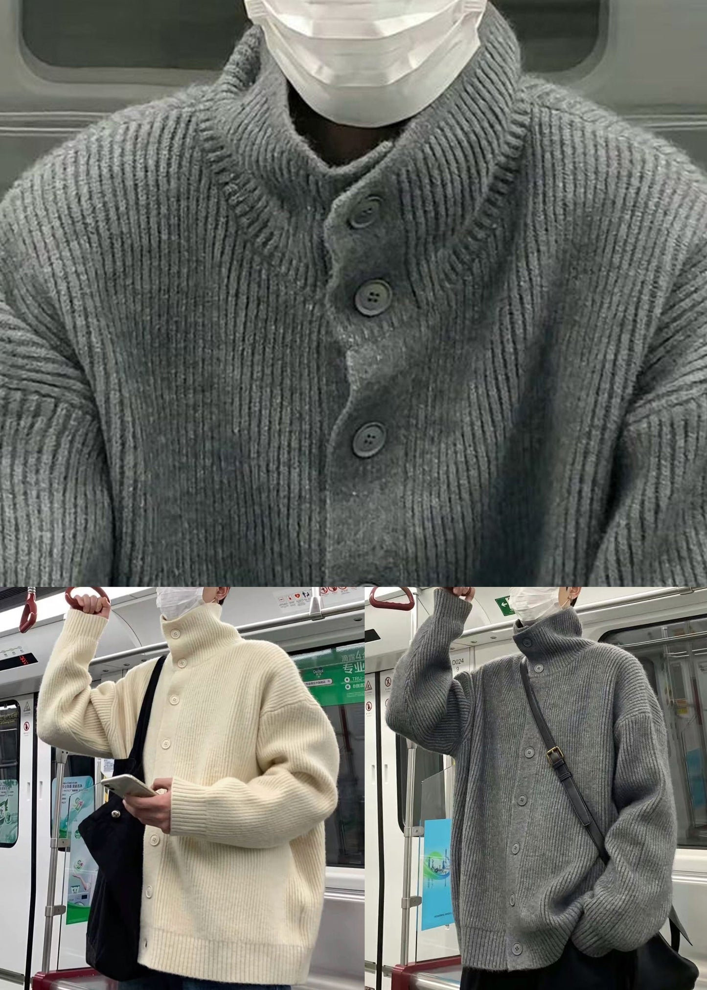 Beige Button Cozy Knit Coats Clothing Turtleneck