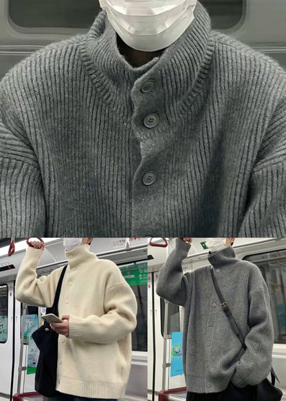 Beige Button Cozy Knit Coats Clothing Turtleneck
