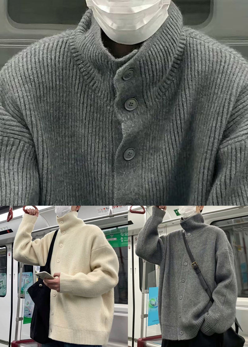 Beige Button Cozy Knit Coats Clothing Turtleneck