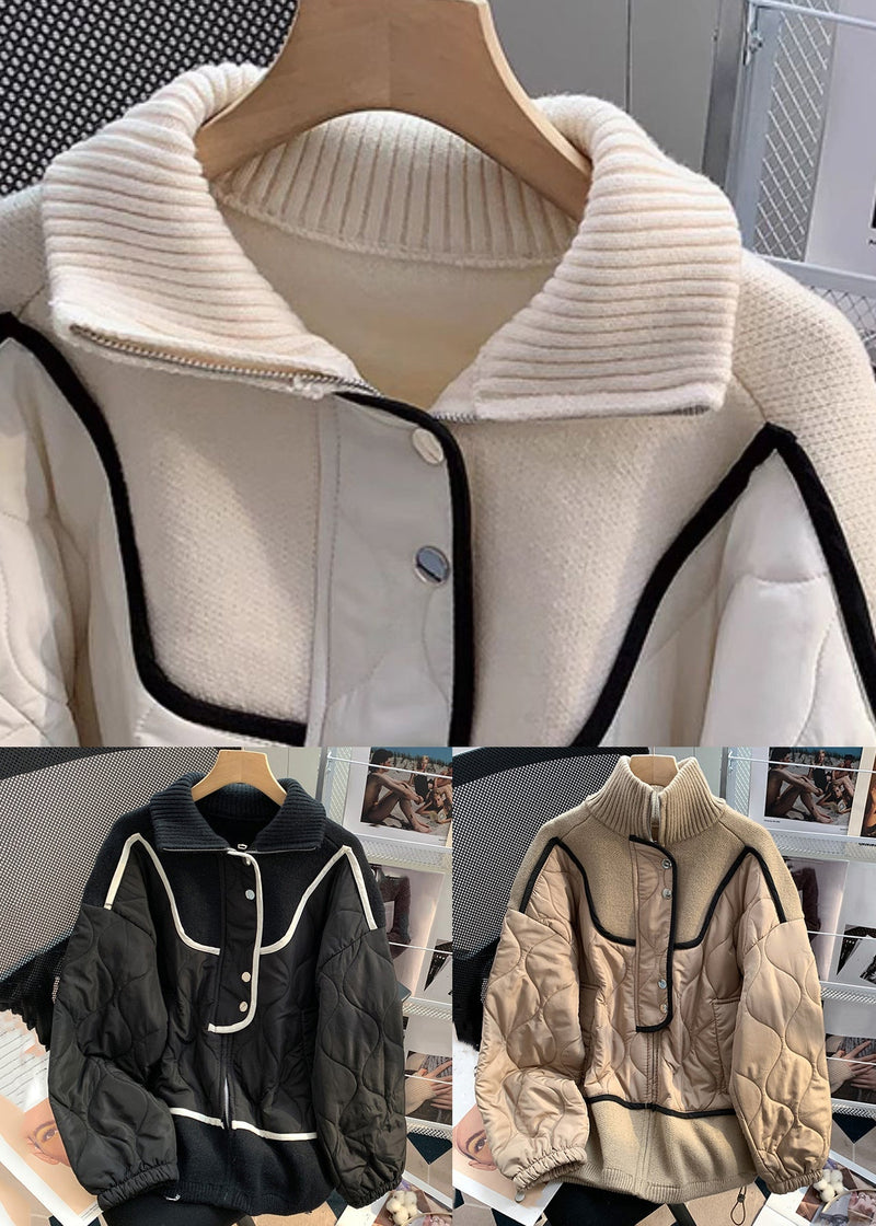 Beige Button Knit Patchwork Parka Stand Collar Winter