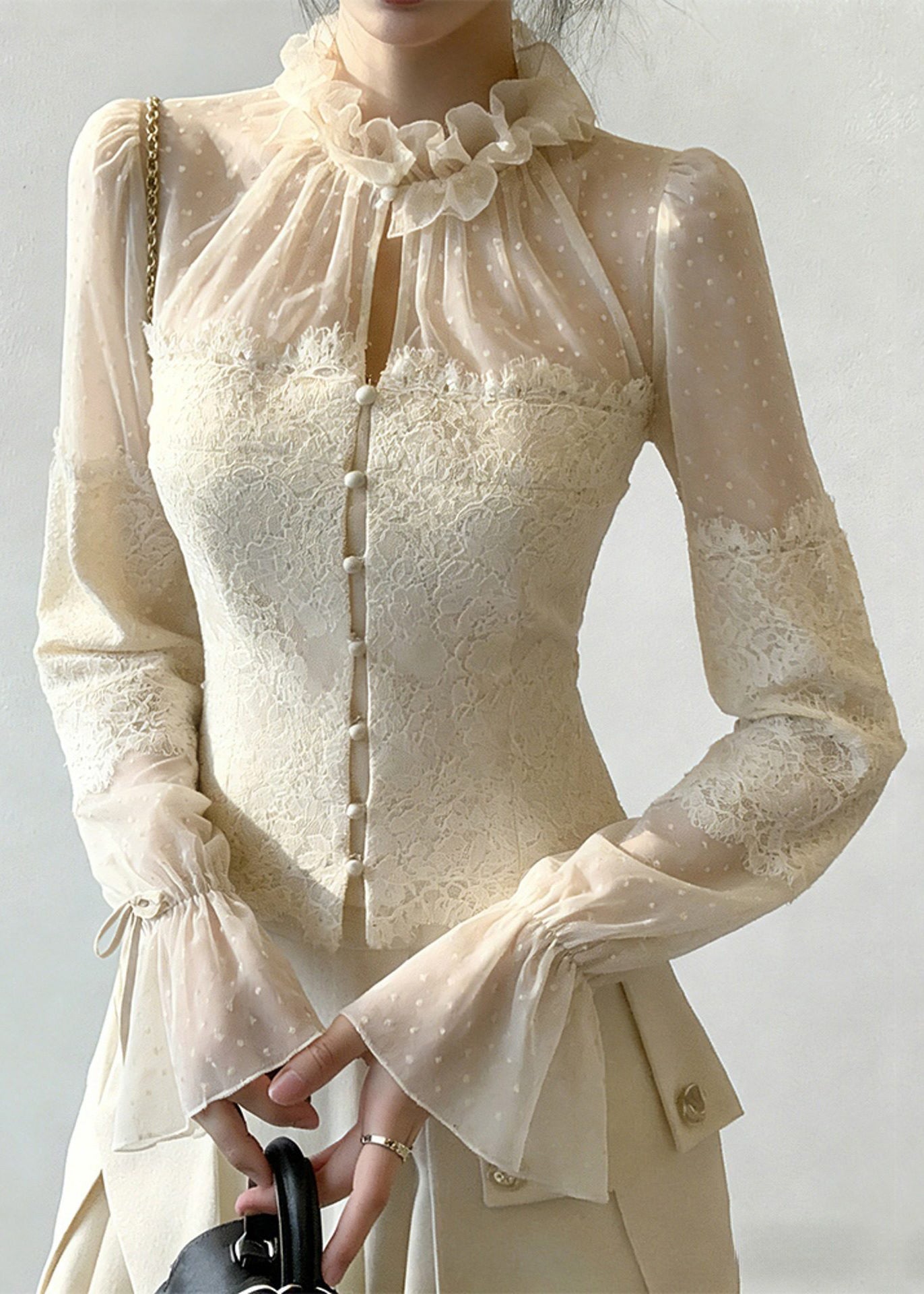 Beige Button Lace Patchwork Blouse Ruffled Flare Sleeve